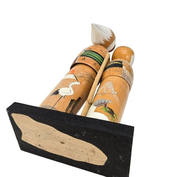 Japanese Kokeshi Wooden Dolls on Stand Grandfather and Grandaughter Crane JE381 - Picture 10 of 10